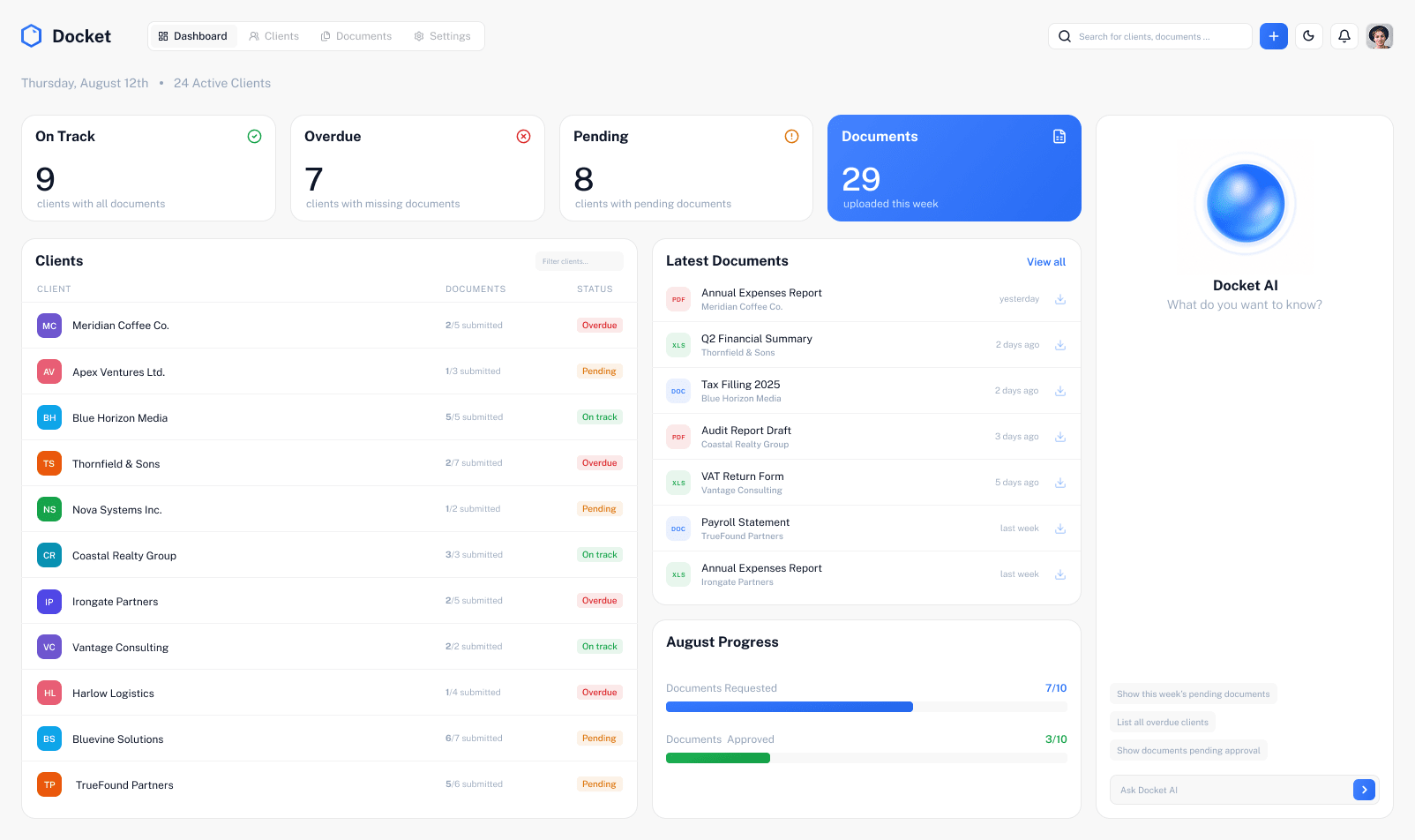 Docket - Dashboard page