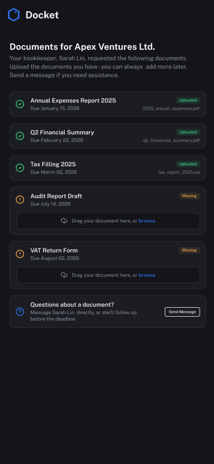 Docket - Document upload page on mobile, dark mode