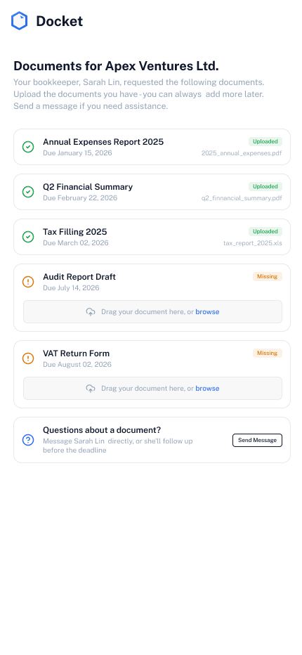 Docket - Document upload page on mobile, light mode