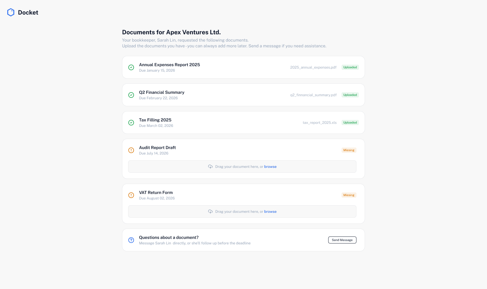 Docket - Document upload page