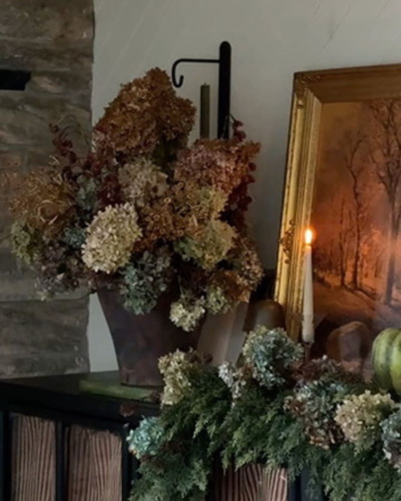 Mantel styled with dried hydrangeas