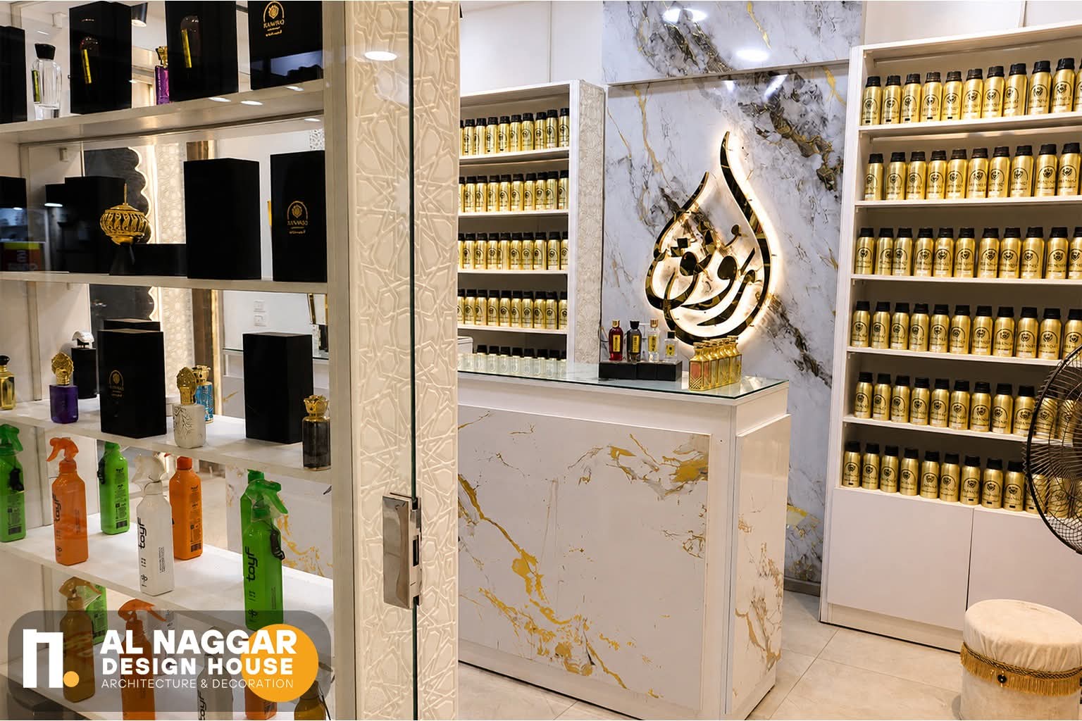 مشهد عام لتصميم وإضاءة متجر رونق