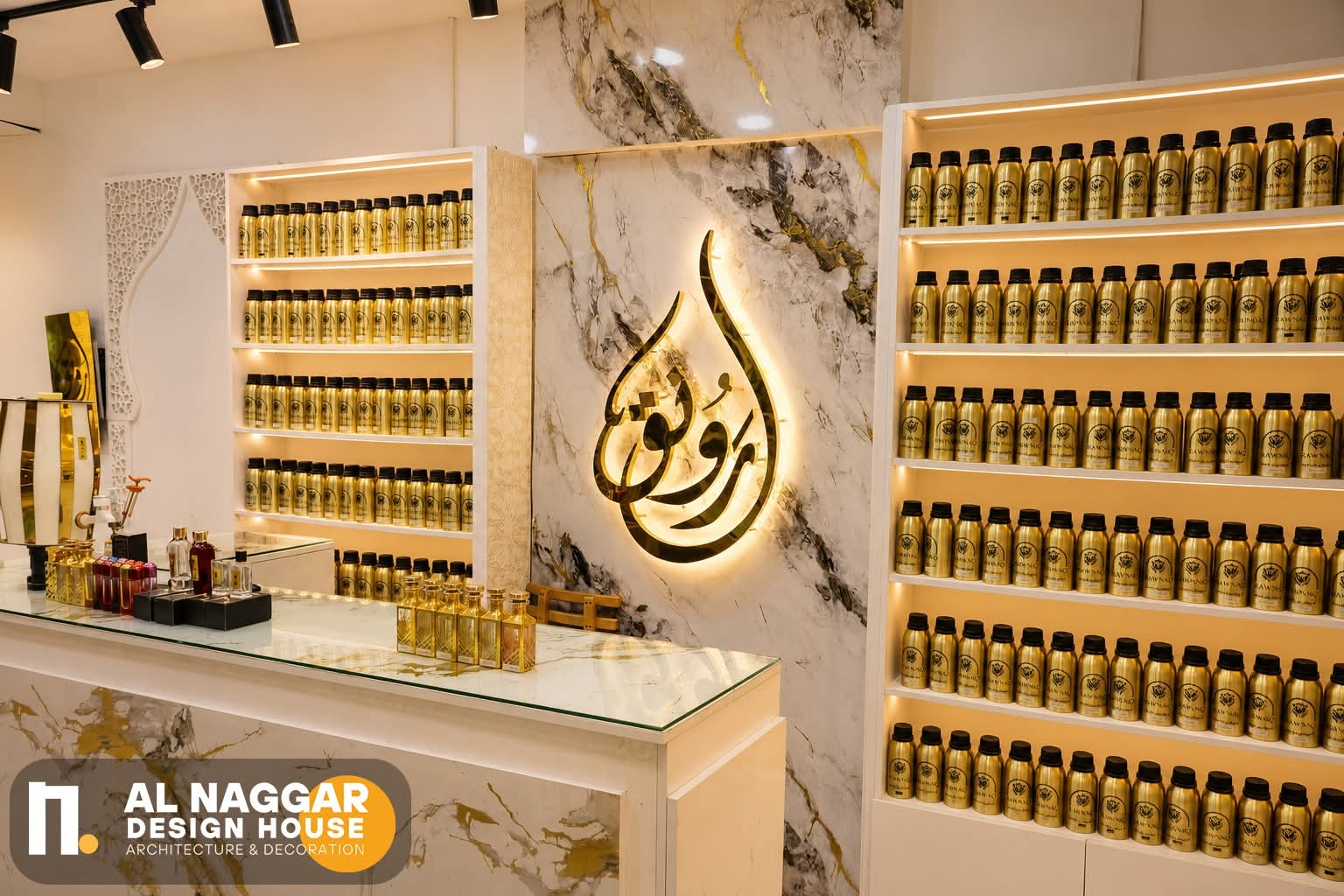 واجهة محل رونق للعطور بتصميم يعكس هوية البراند