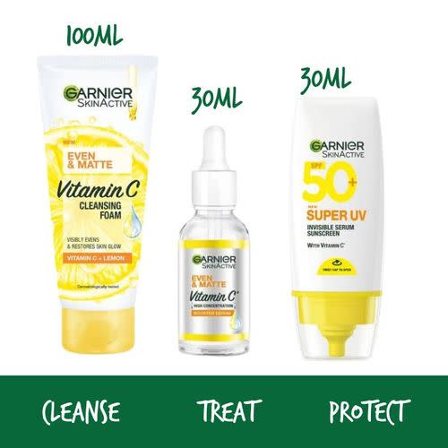Garnier Brightening Day Routine Kit: Cleansing Foam 100ml + Vitamin C Day Serum 30ml + Super UV Invisible Suncreen