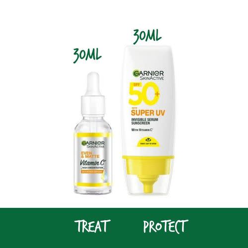Garnier Correct & Protect Bundle Pack – Vitamin C Day Booster Serum 30ml + Super UV Invisible Sunscreen SPF 50
