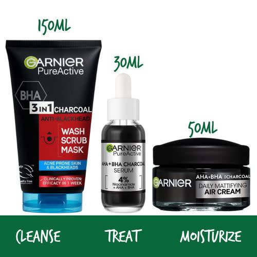 Garnier Acne Control Routine Kit – Pure Active 3-in-1 Charcoal Wash, Scrub & Mask 150ml + AHA+BHA Charcoal Serum 30ml + Mattifying Air Cream 50ml