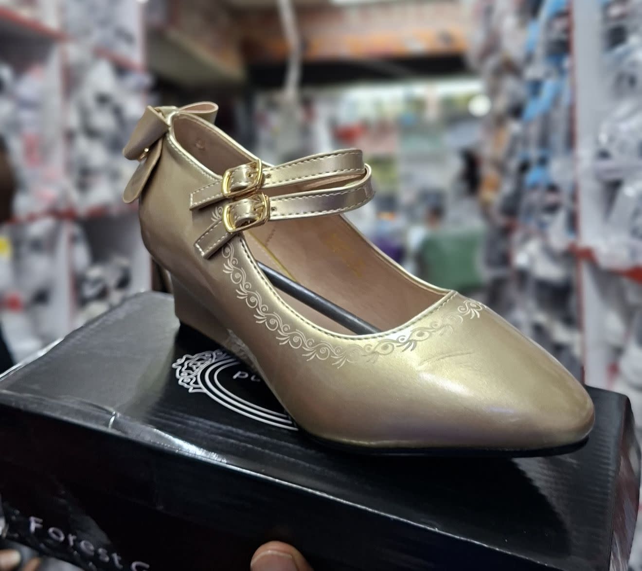 Girls' Gold Double-Strap Dress Shoes with Bow Accent