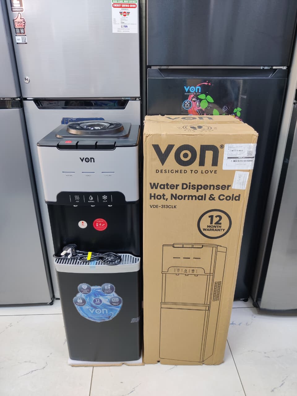 Von VDE-313CLK Water Dispenser | Hot, Normal & Cold Electric Cooling Dispenser with Storage Cabinet