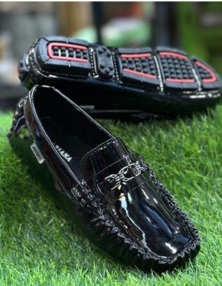 Men's Black Patent Leather Dress Loafers with Metal Bit Accent & Rubber Grip Sole