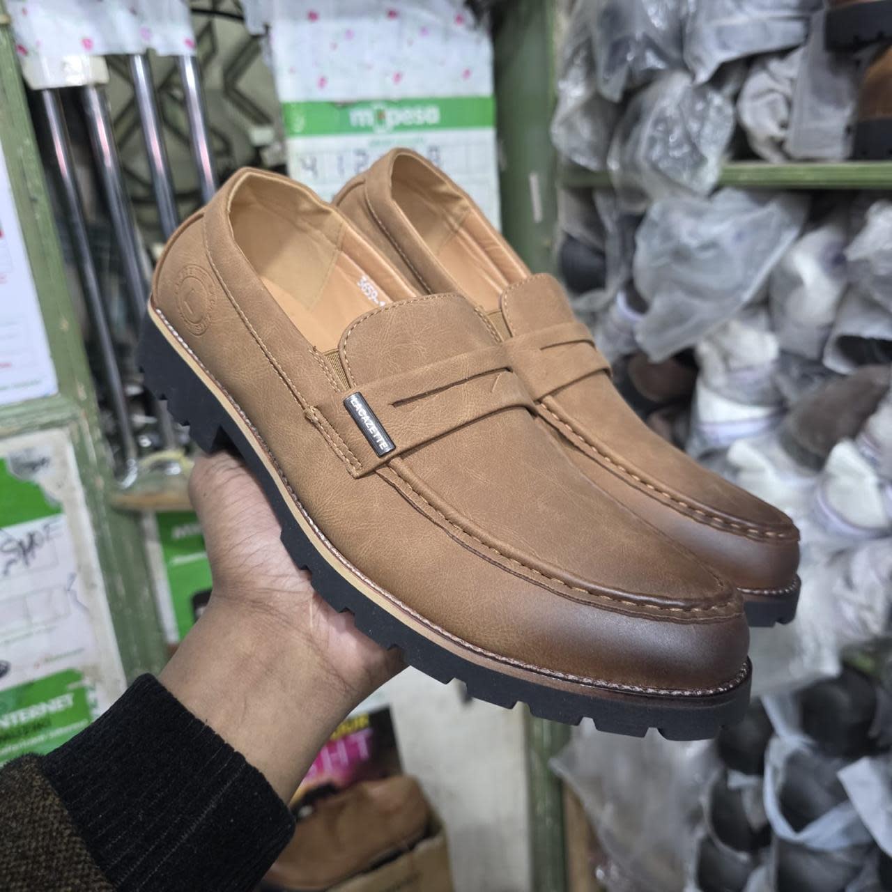 Men's Tan Brown Leather Penny Loafers with Lug Sole