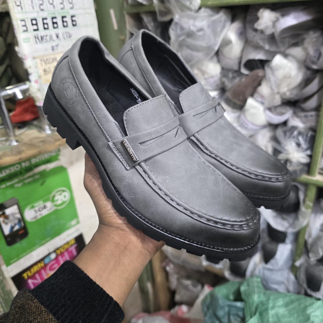 Men's Grey Leather Penny Loafers with Lug Sole