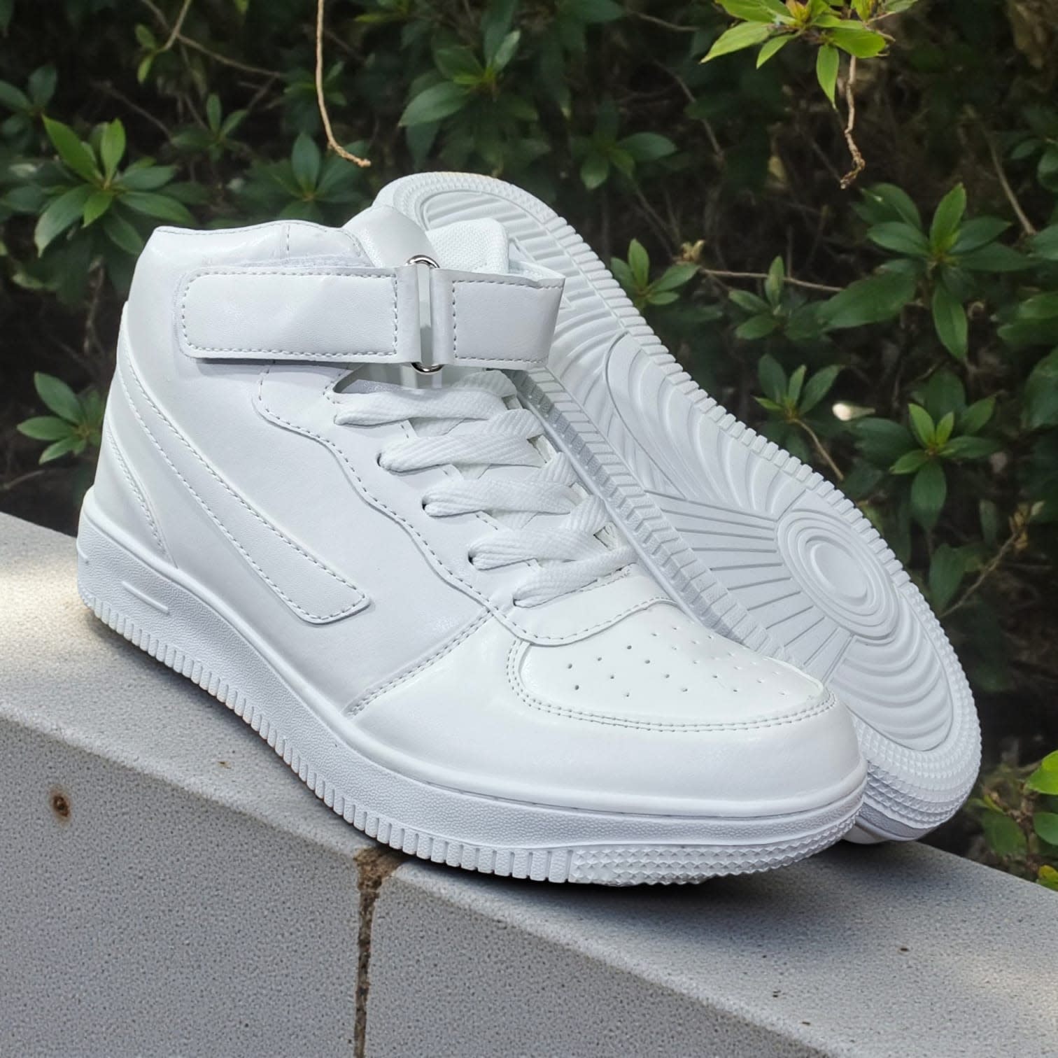 Men's All-White High-Top Sneakers with Ankle Strap & Treaded Sole