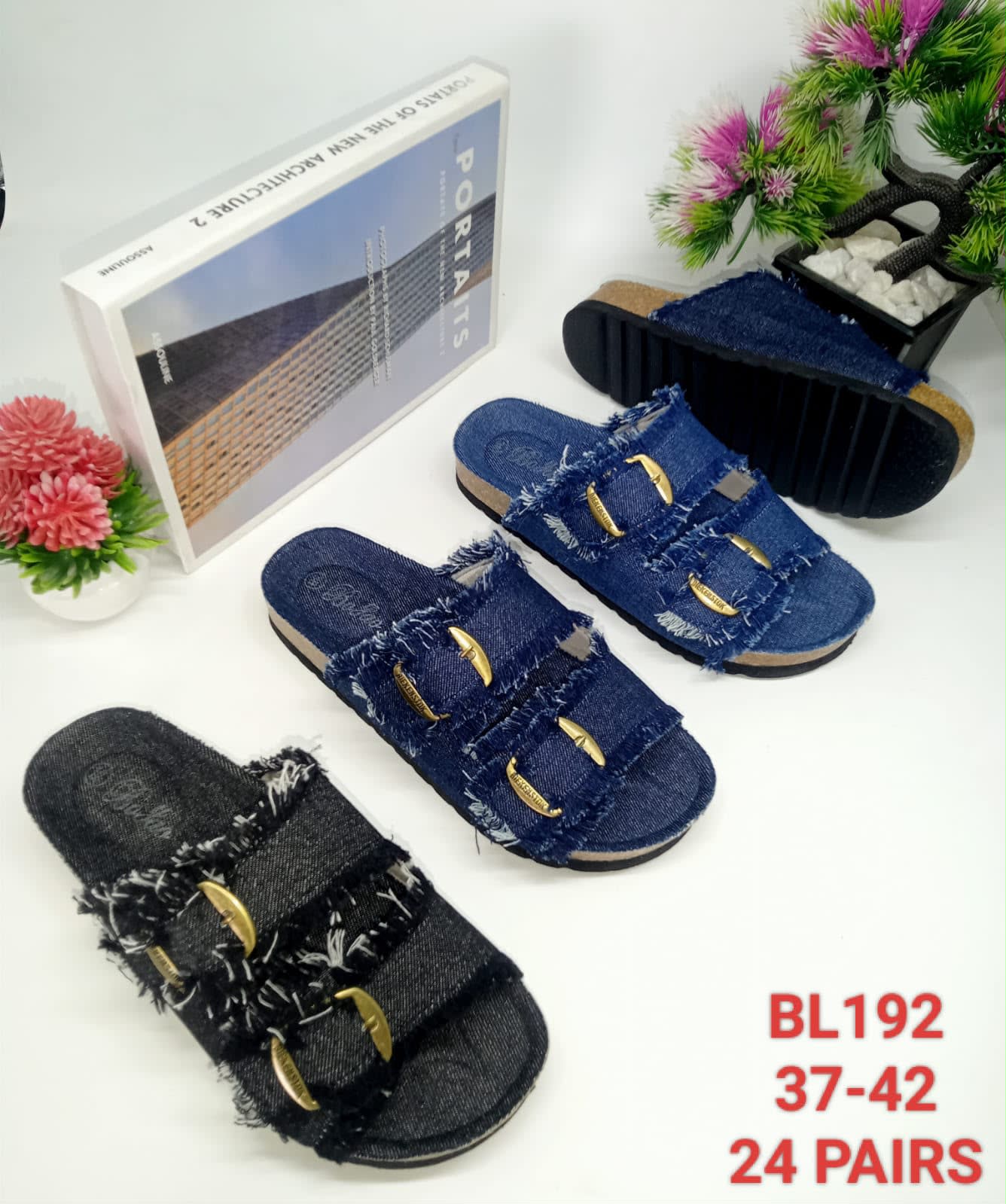 Men's Frayed Denim Double-Buckle Cork Footbed Sandals