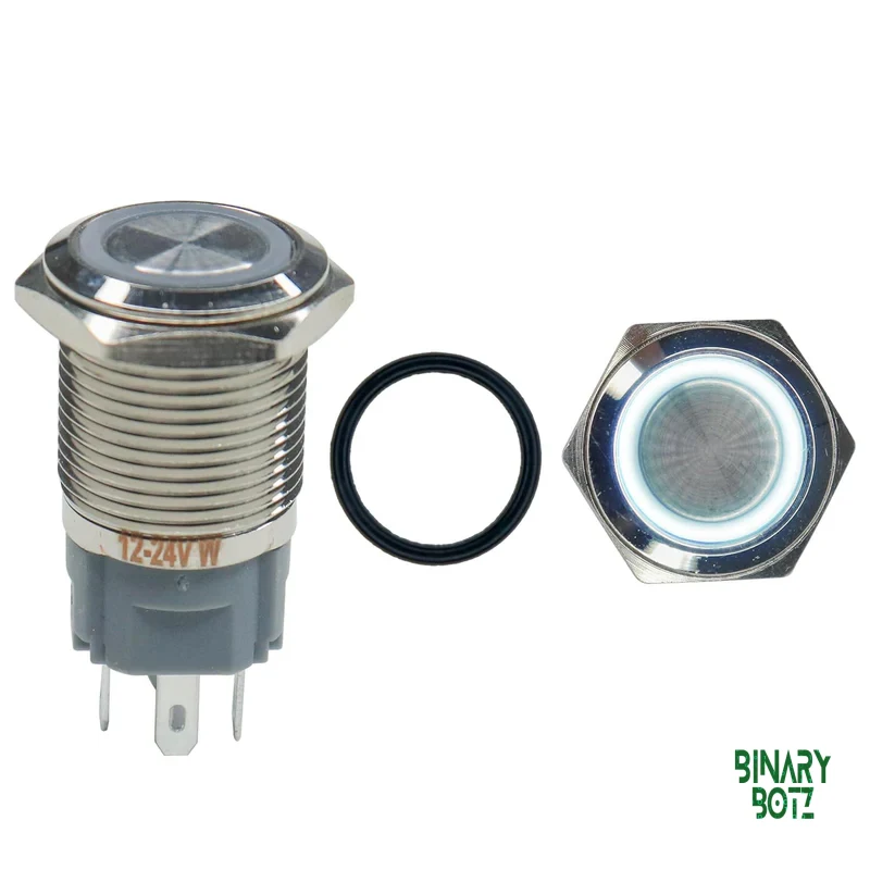 16mm Self-Locking Metal Push Button Switch with White LED Ring (12-24V DC) product image