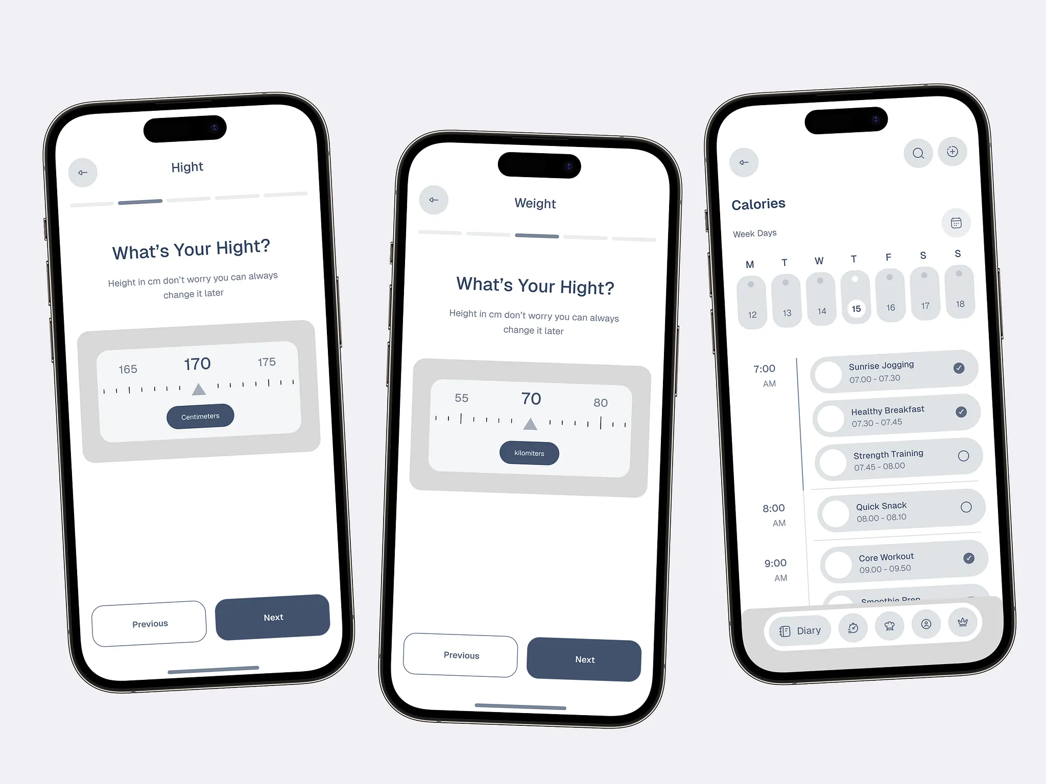 Nutrition Tracker App - Setup & Activity Screens