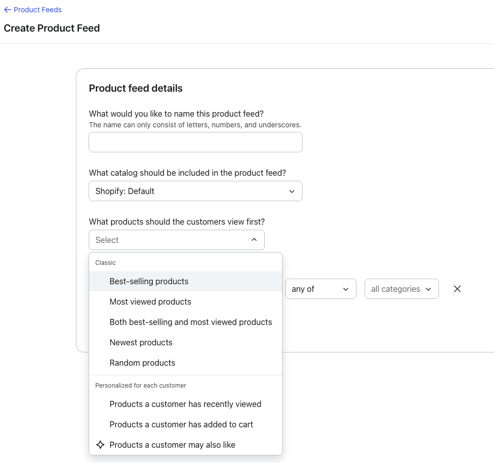 Klaviyo product feed creation screen showing priority dropdown with best sellers, most viewed, and personalised options