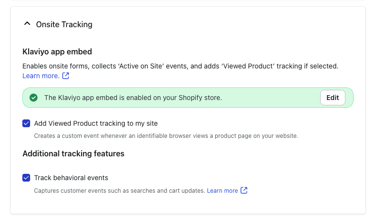 Klaviyo onsite tracking settings in Shopify with toggles for Active on Site, Viewed Product events, and behavioural event tracking