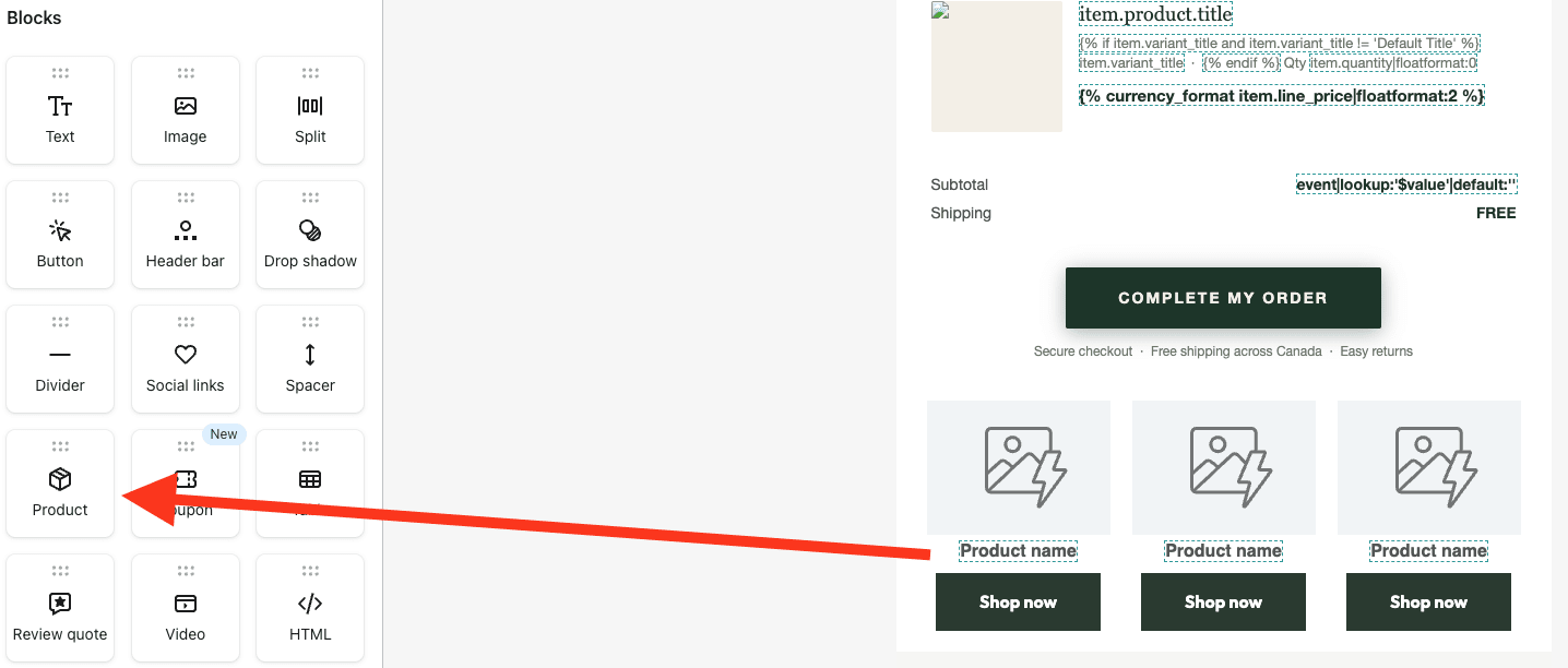 Klaviyo email editor showing a dynamic product block with product images, titles and prices pulled from the product feed