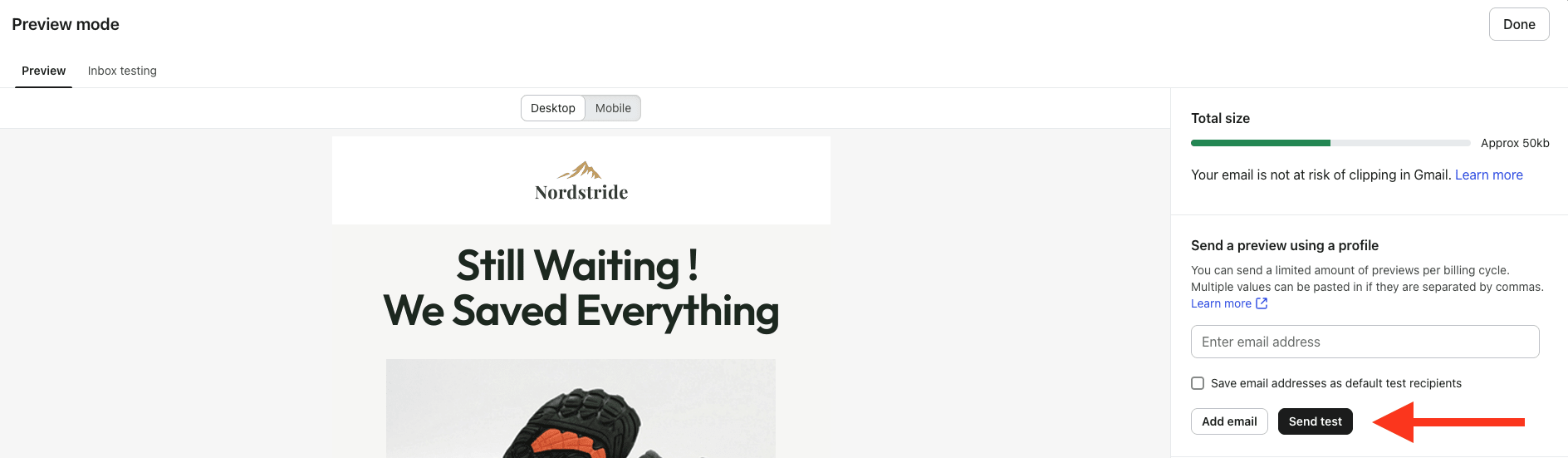Klaviyo inbox preview sharing screen with toggle enabled and preview link generated for cross-client testing