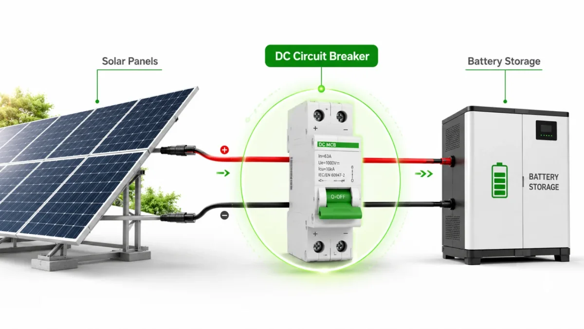 Solar panel array connected to a battery storage system with a DC circuit breaker highlighted.