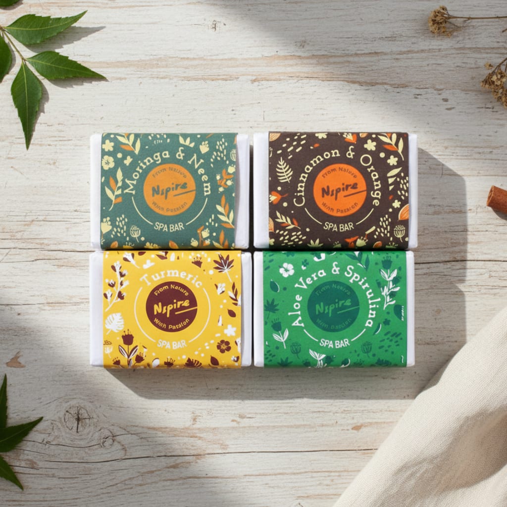 Nspire Spa bar soap pack of 4 (Cinnamon & Orange, Turmeric, Moringa & Neem, Aloe Vera & Spirulina)