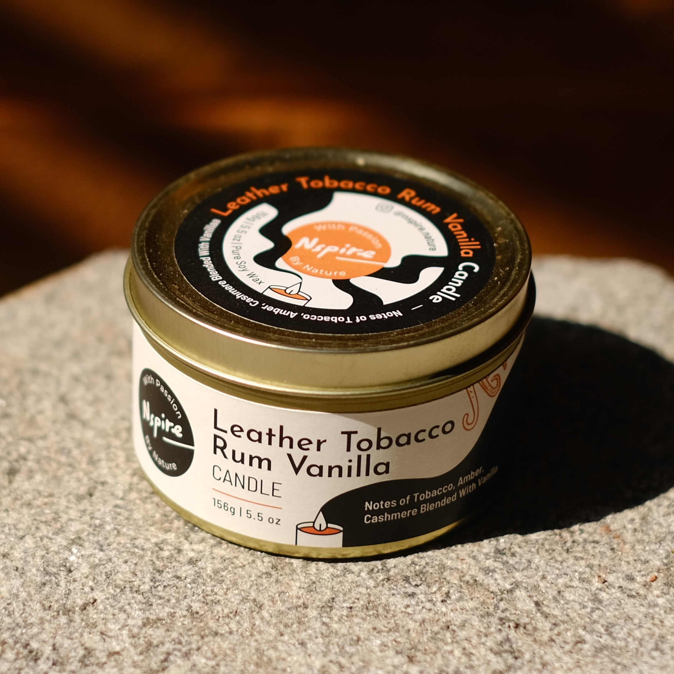 Nspire Leather Tobacco Rum Vanilla Soy Wax Tin Candle