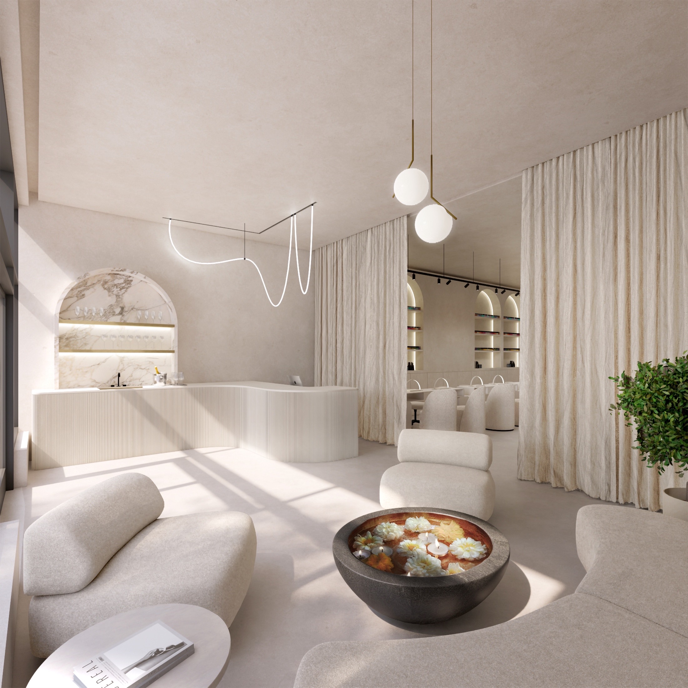 Brisa interior concept — manicure aisle with arched shelving and pedicure lounge.