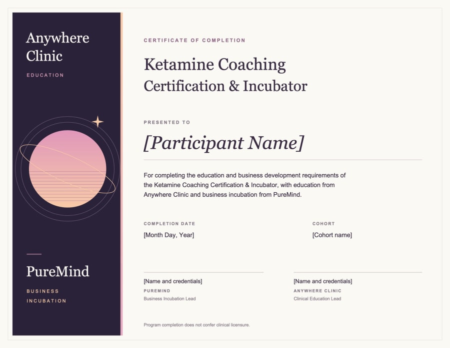 Sample certificate of completion for the Ketamine Coaching Certification & Incubator, from Anywhere Clinic and PureMind