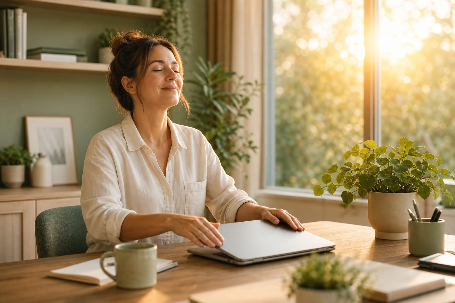 Professional woman recovering from burnout with online career wellness support