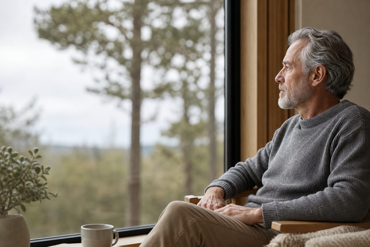 Man in reflective moment during existential therapy for life transitions and loss