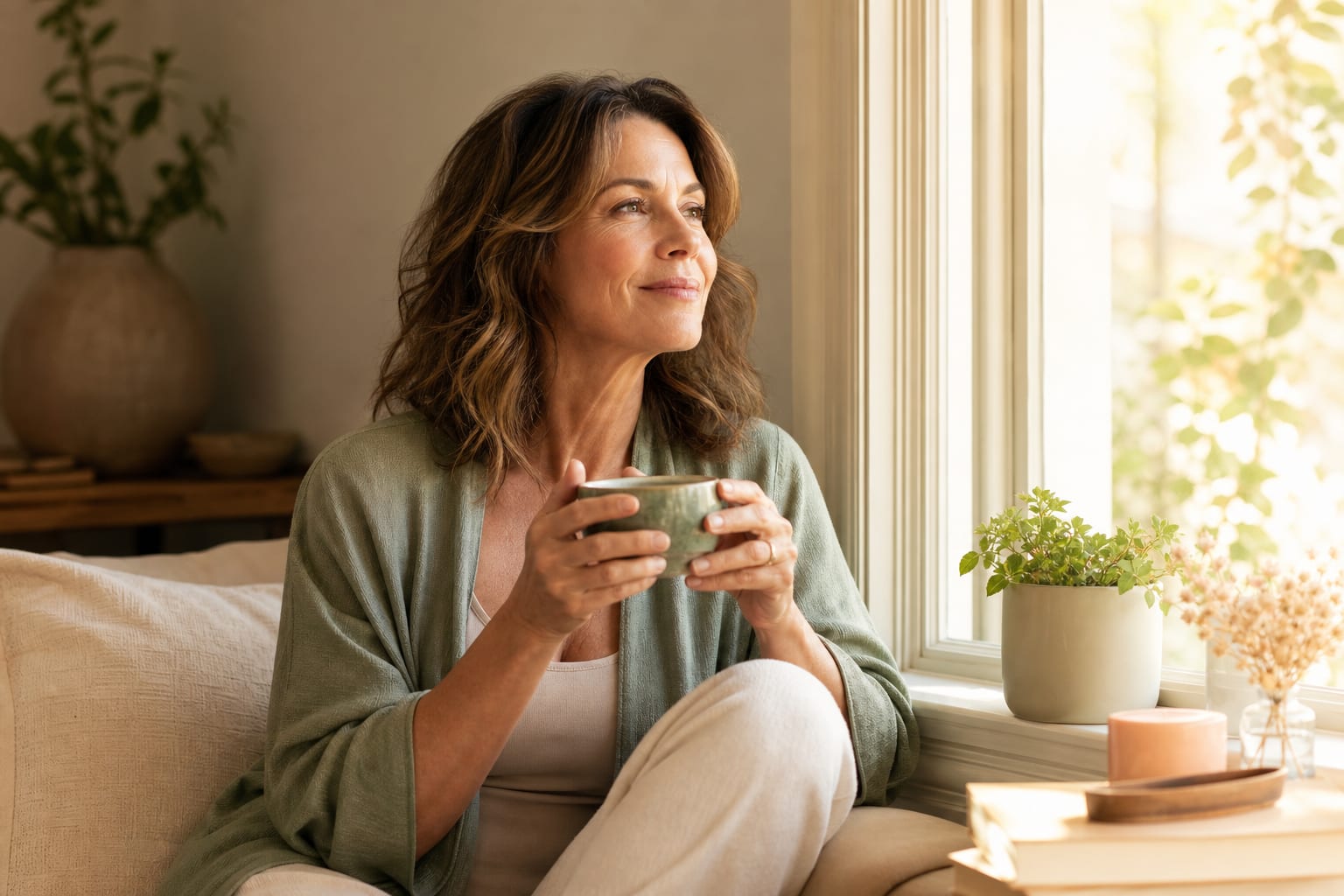 Woman in her 40s finding calm during perimenopause and hormonal mental health care