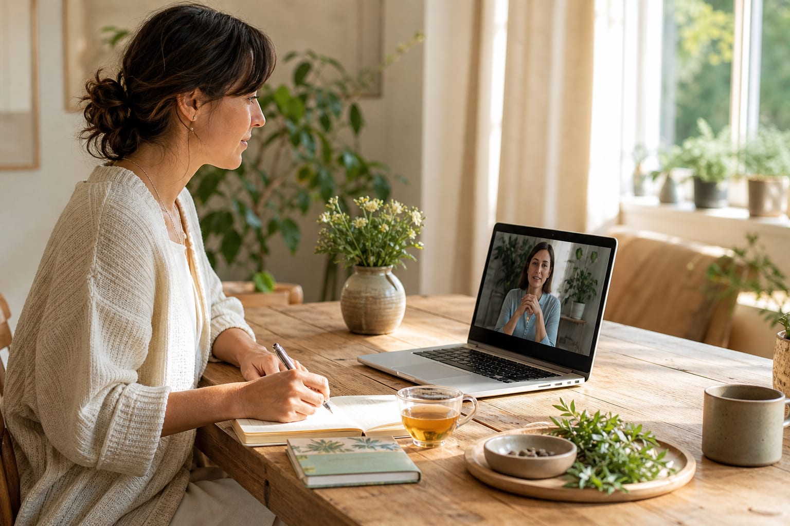 Woman at home for integrative psychiatry telehealth visit — whole-person mental health care