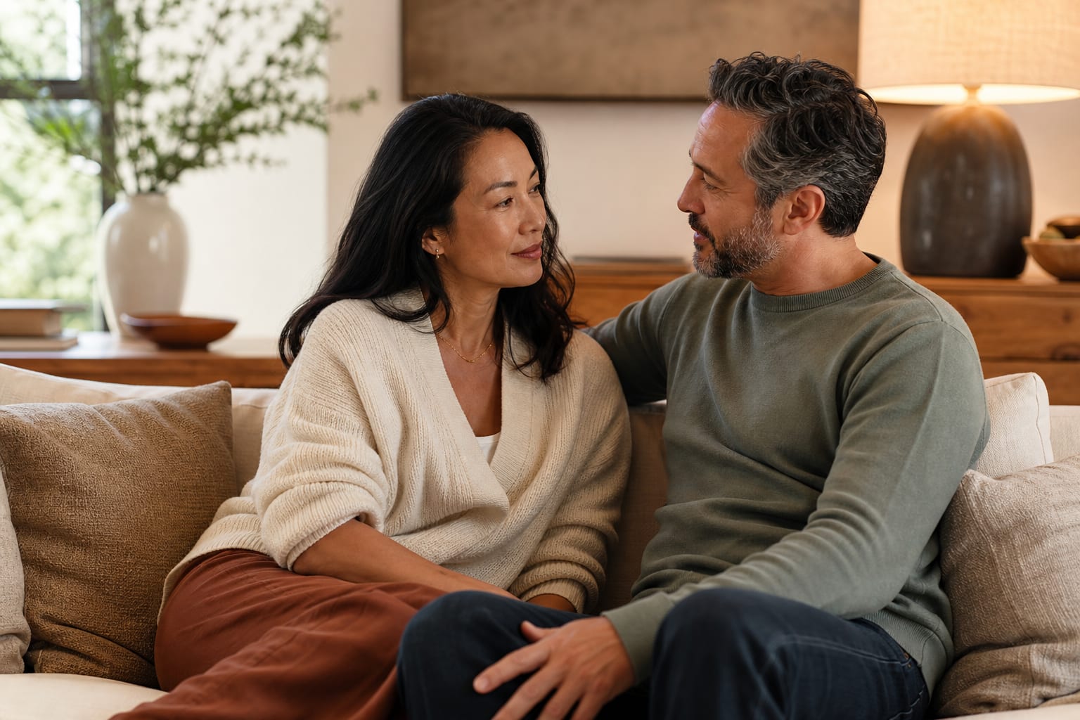Couple in supportive conversation during online intimacy counseling