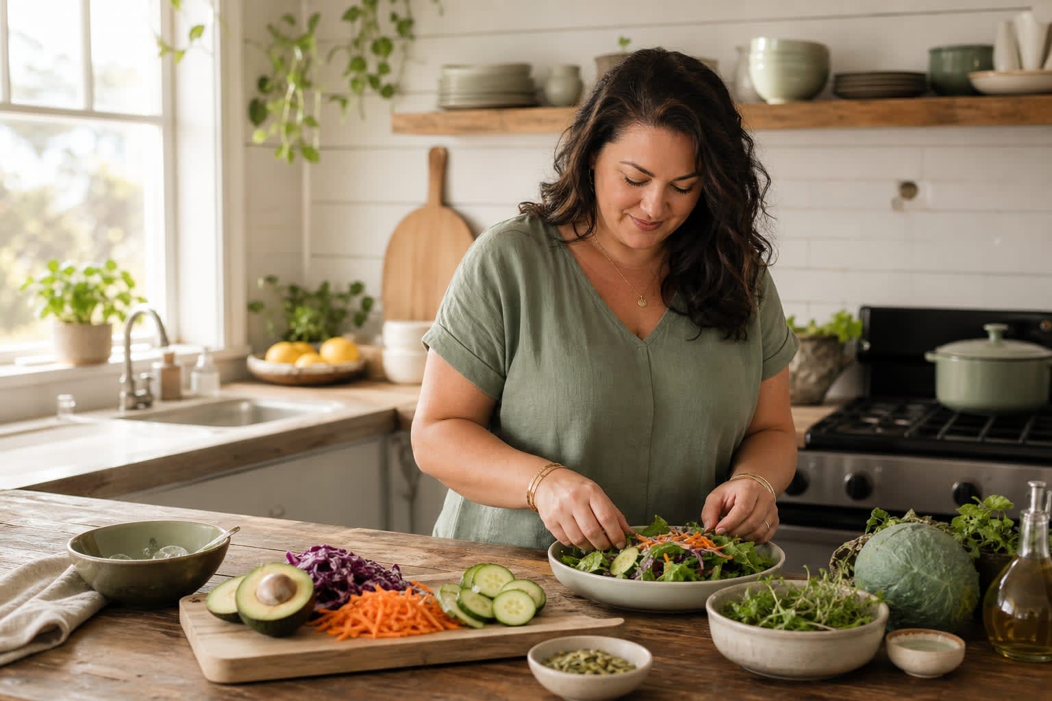 Woman preparing a mindful meal as part of metabolic mental health support