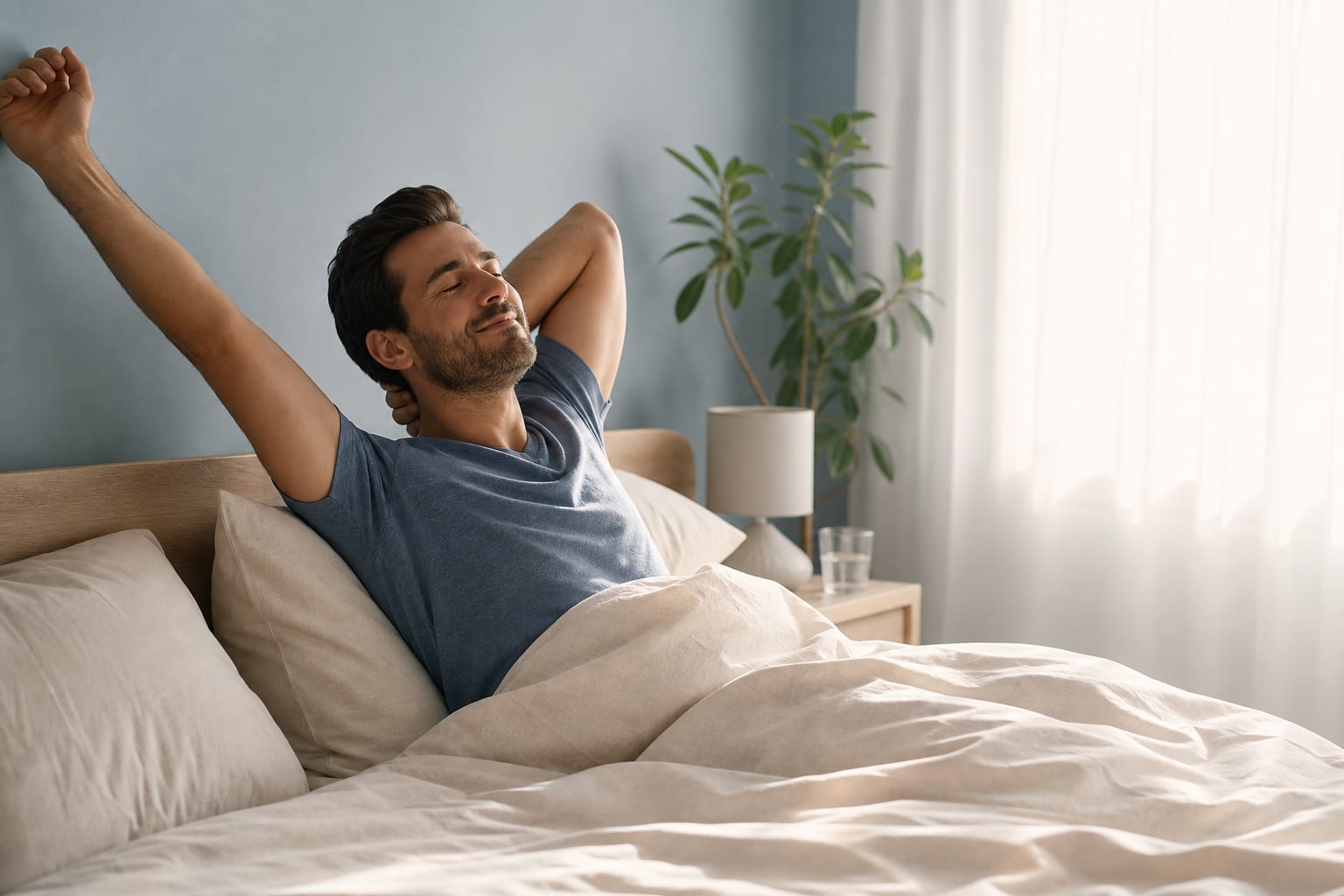 Man waking rested after online sleep therapy for insomnia and sleep anxiety