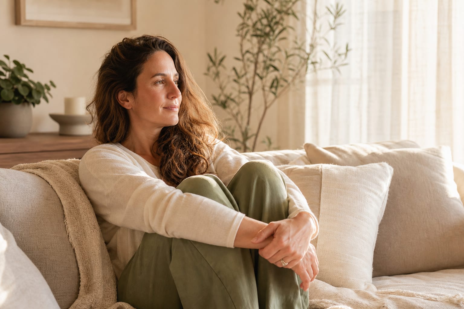Woman finding calm and safety during trauma recovery through online therapy