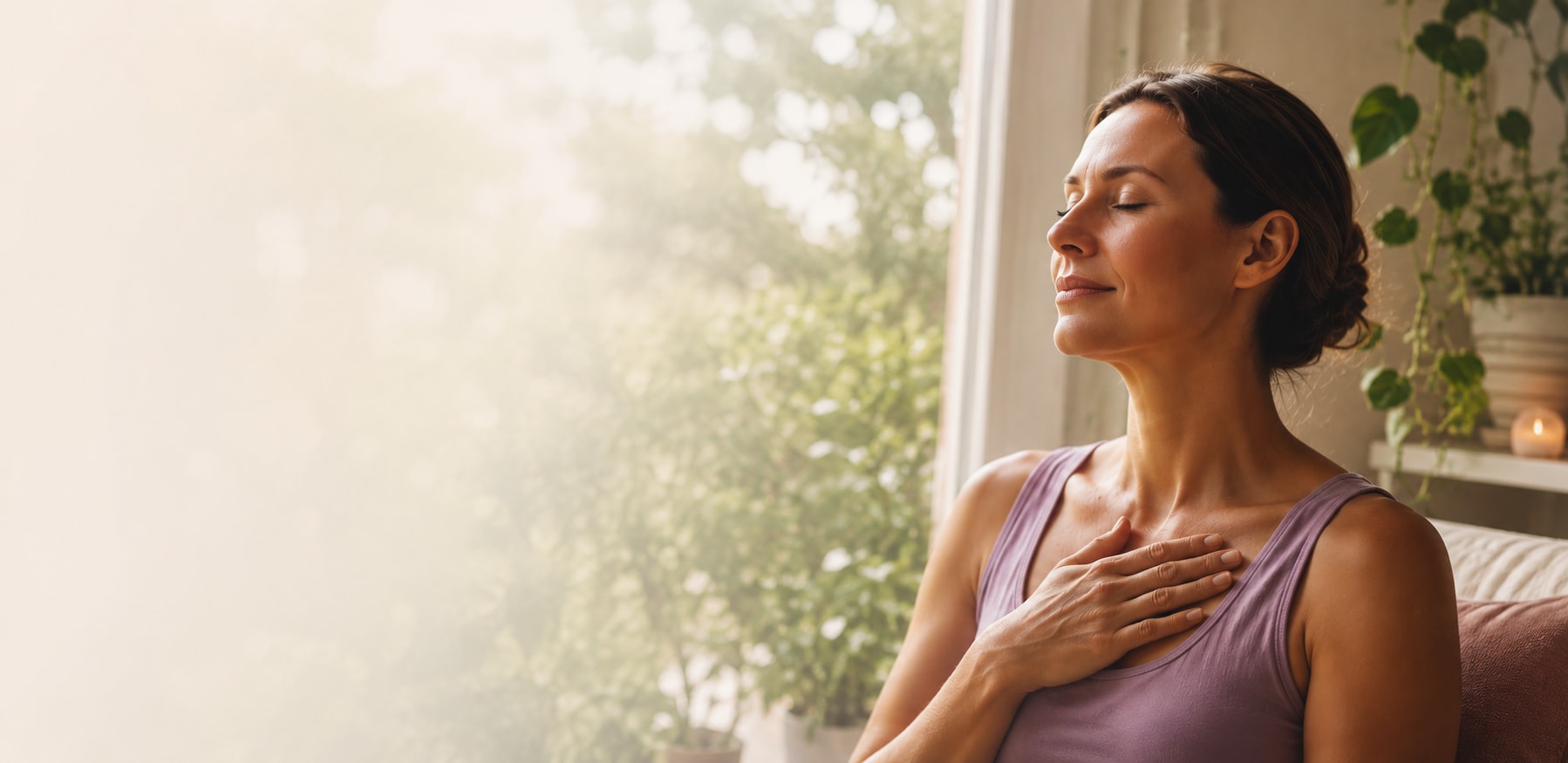 Woman breathing peacefully with hand on heart in warm window light