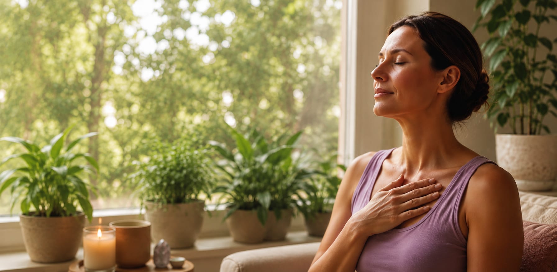 Woman breathing peacefully with hand on heart in warm window light