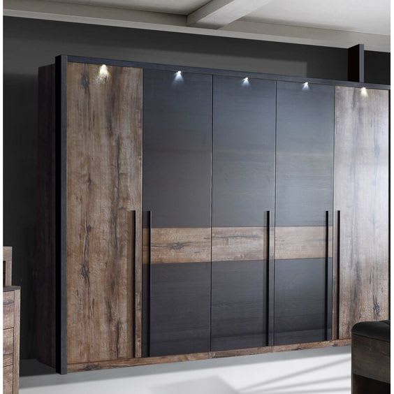 Floor-to-ceiling wardrobe with wood finish