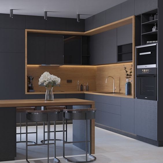 Modern kitchen with under-cabinet lighting and sleek storage