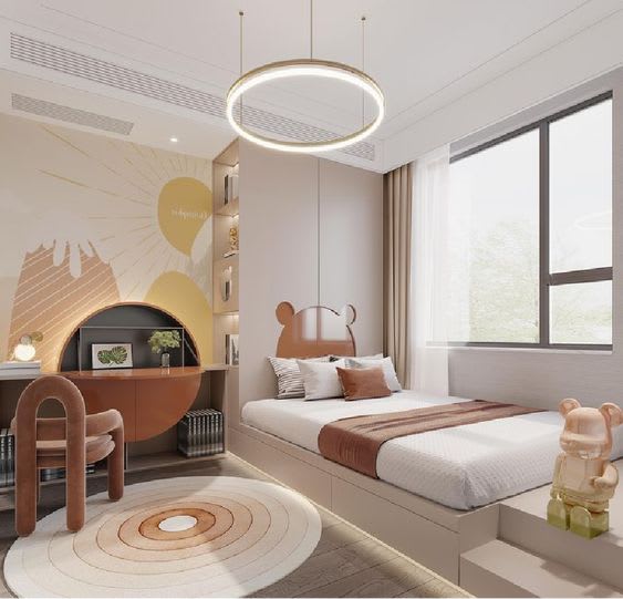 Kids bedroom with colorful storage and study space