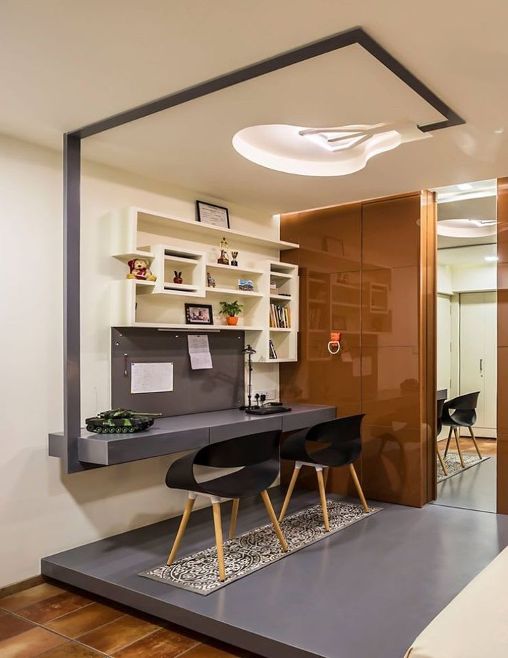 Interior with custom furniture and lighting setup