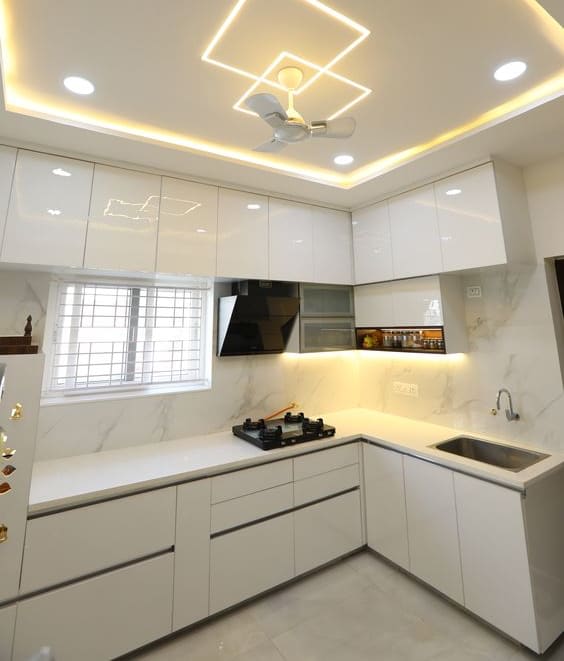 Contemporary kitchen with matte cabinets and open shelving