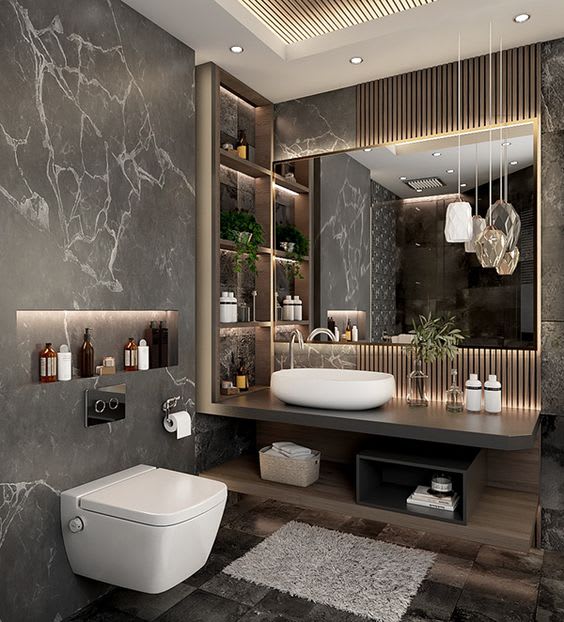 Modern bathroom with glass shower partition and textured walls
