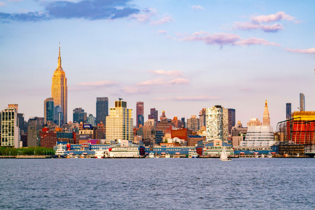 City skyline of New Jersey as seen from a boardwalk