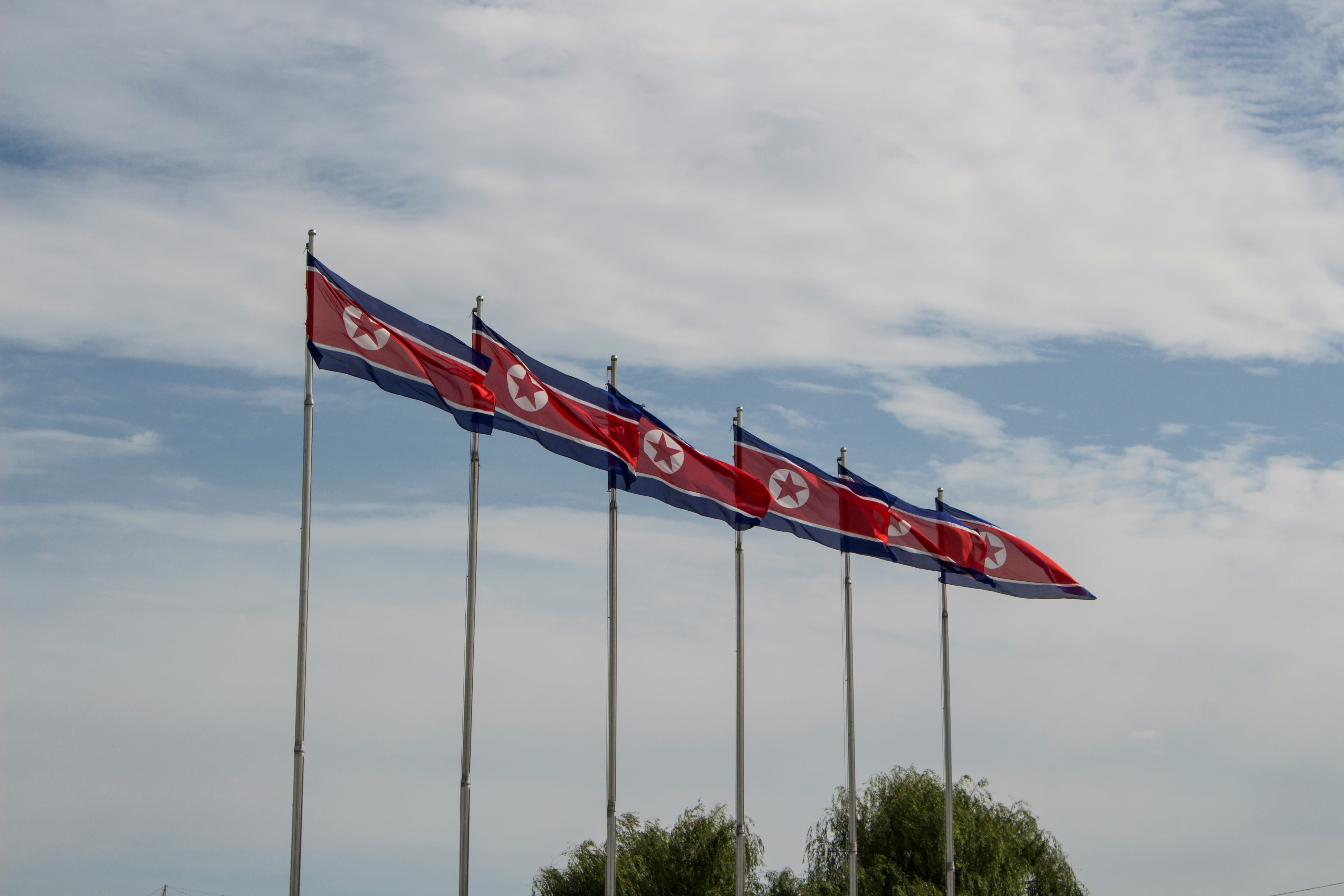 Multiple North Korea Flags on Poles Under a Cloudy Sky