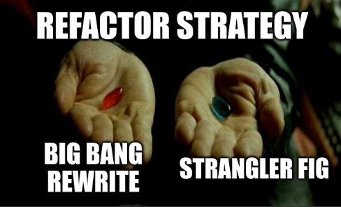 Red pill blue pill meme, the question says Choose Refactor Strategy and options between Strangler Fig and Big Band Rewrite