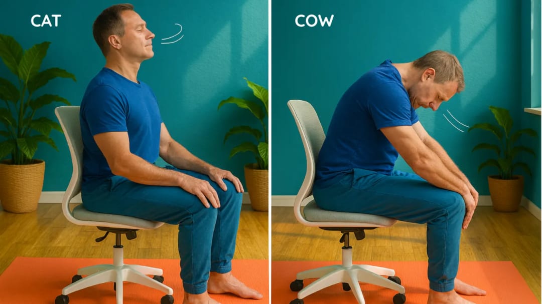 Seated cat–cow: arch and round your spine slowly for 5 cycles