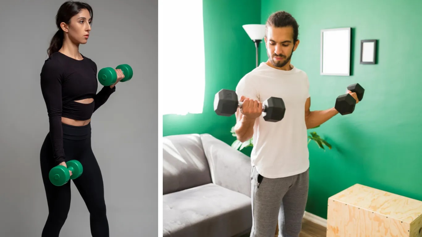 Mache 1 Minute Bizeps-Curls (mit Gewichten oder einer Wasserflasche)