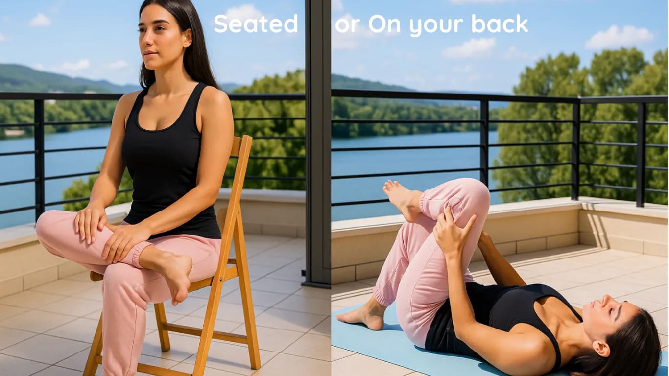 Estiramiento de cadera en figura 4 sentado (cada lado 20 segundos)